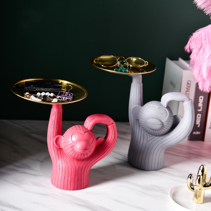 猴子托盘饰品摆件收纳托架杂物盘书桌吧台小物件收纳架美式酒店家