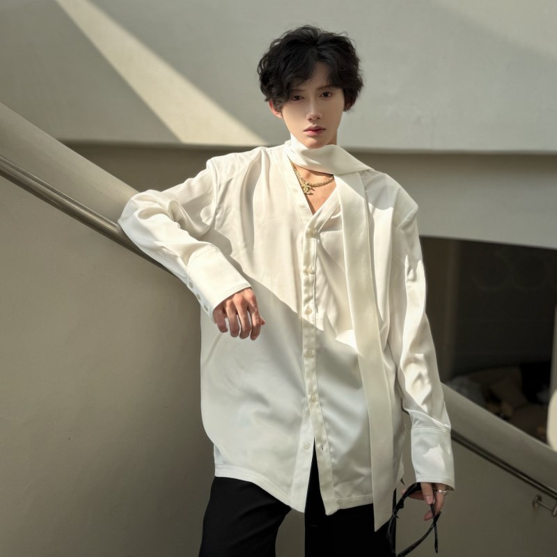 白色V领飘带设计感衬衫男装春夏气质网红丝绸垂感慵懒防晒衬衣潮