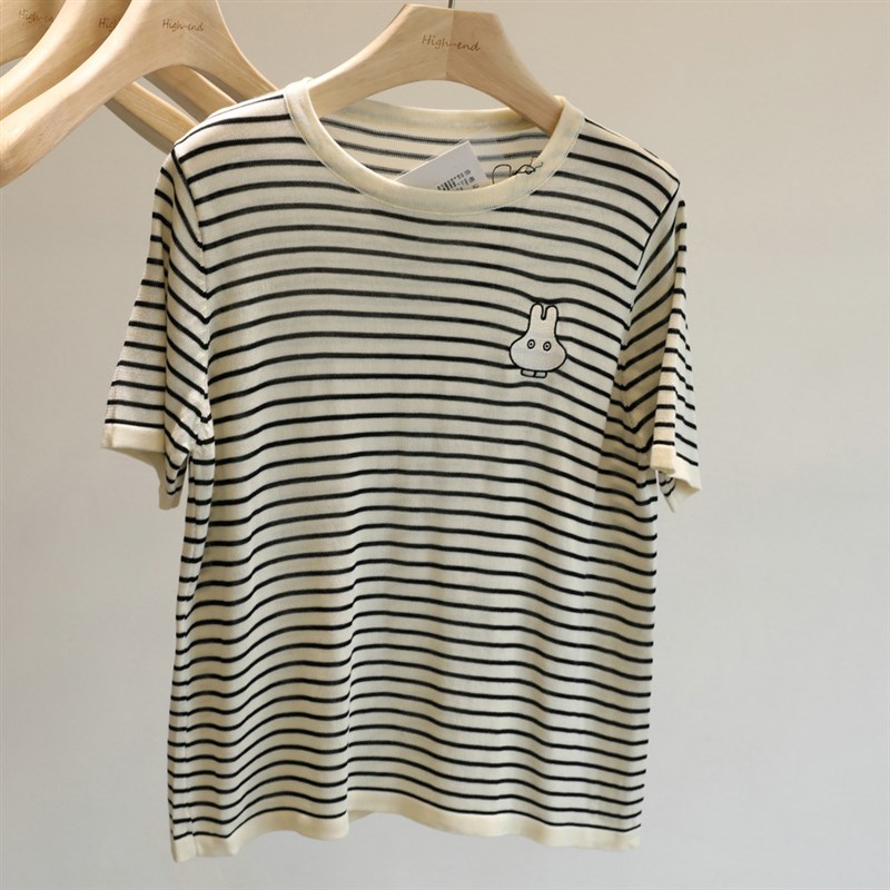 可休闲可通勤~时尚百搭条纹短袖针织衫女夏季洋气减龄t恤衫上衣