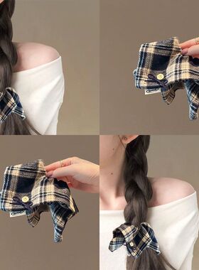 韩式新潮秋冬格纹撞色方巾纽扣发圈时尚纽扣蝴蝶结复古发饰头绳女