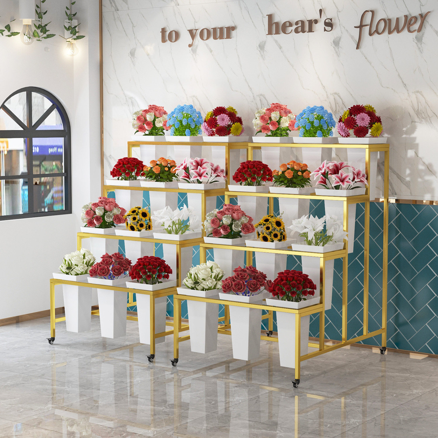 花店花架子组合阶梯式可移动鲜花塑料花桶架轻奢铁艺万向轮展示架