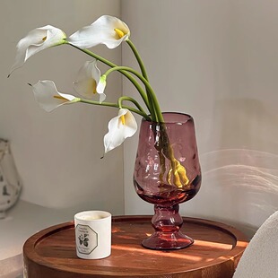 高级感紫色透明高脚玻璃花瓶中古风轻奢客厅琉璃花器桌面装饰摆件