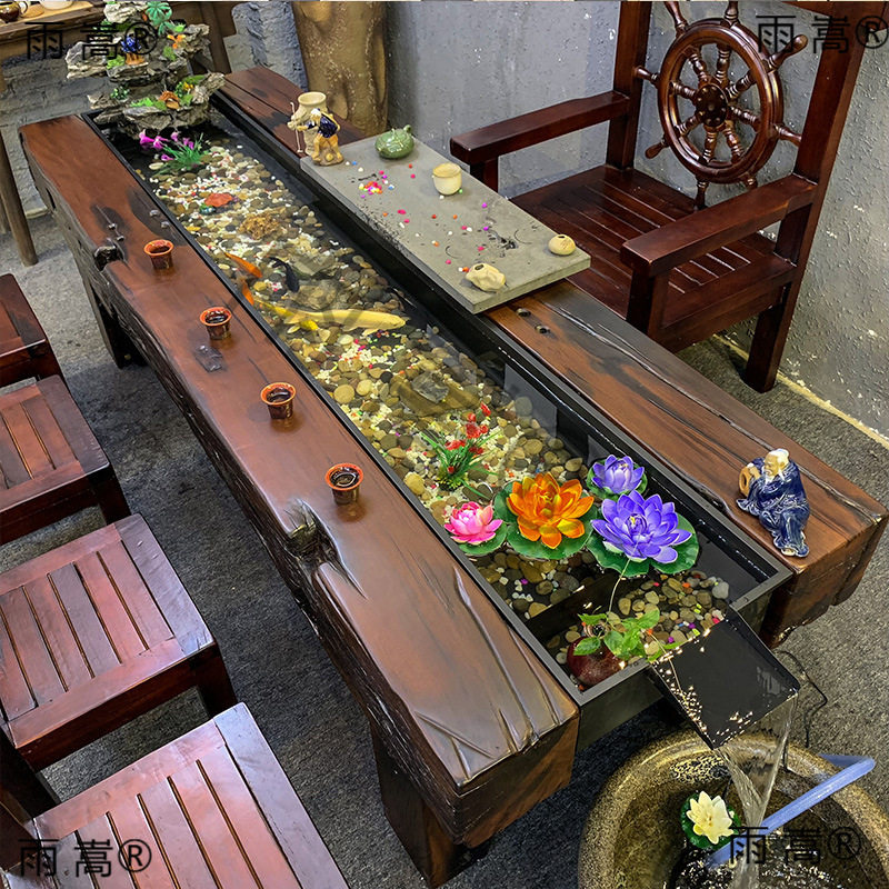 老船木阳台小茶桌茶道会客室做茶套装家用流水小茶几会客一桌五椅