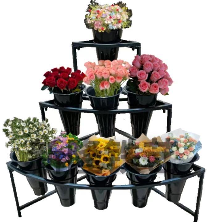铁艺鲜花花桶架展示架多层阶梯花架摆花带万向轮铁皮镀锌板铁艺架