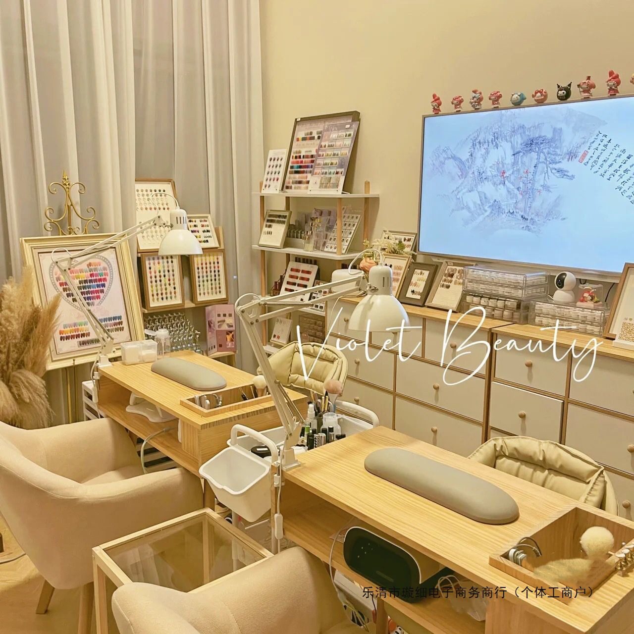 日式实木美甲桌椅套装带抽屉