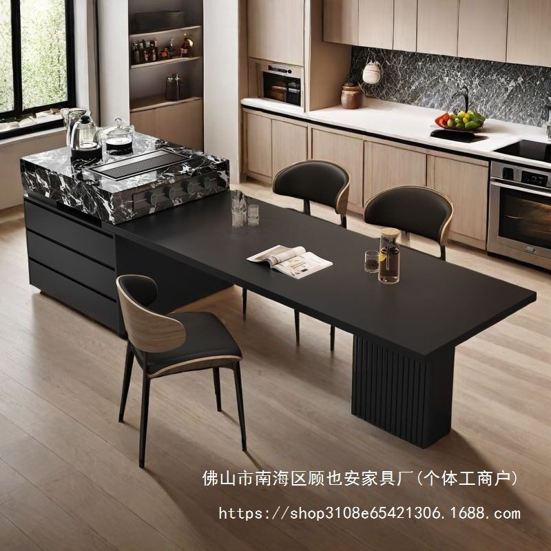 轻奢岩板岛台餐厅桌长方形可伸缩小户型家用一体多功能带灯泡茶桌