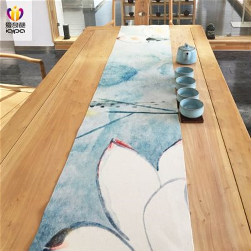 荷花新中式d茶席茶旗禅意棉麻中国风桌旗茶台红木茶桌茶几桌布茶