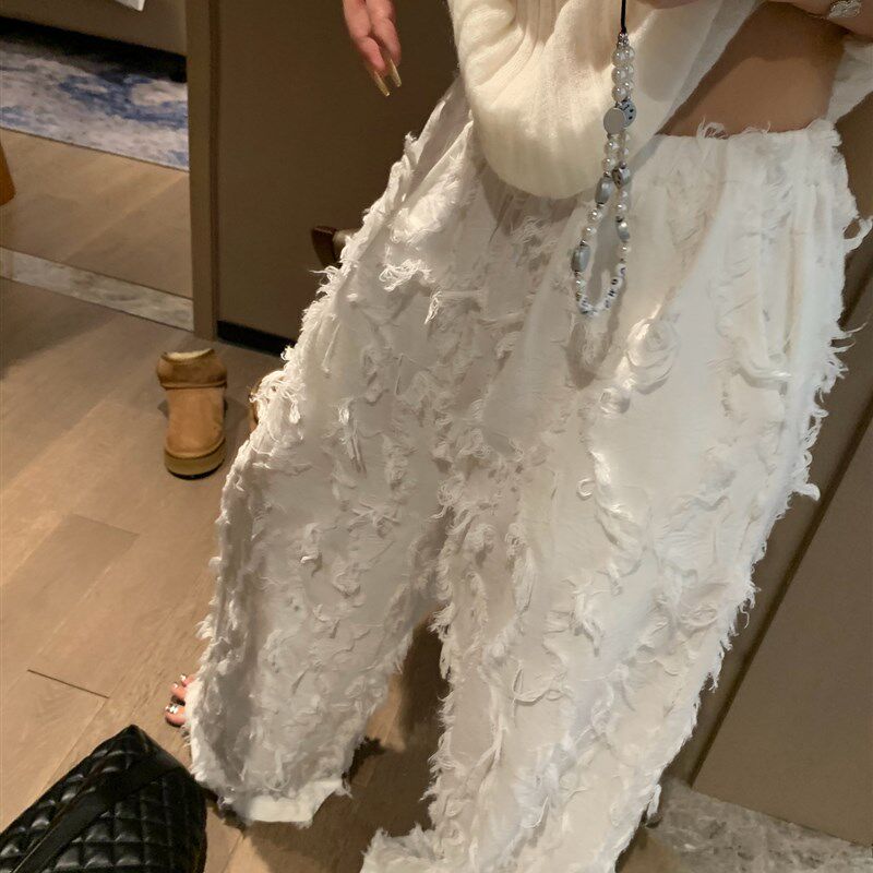剪花流苏a毛边高腰阔腿裤女秋季休闲棉麻提花牛仔裤直筒长裤