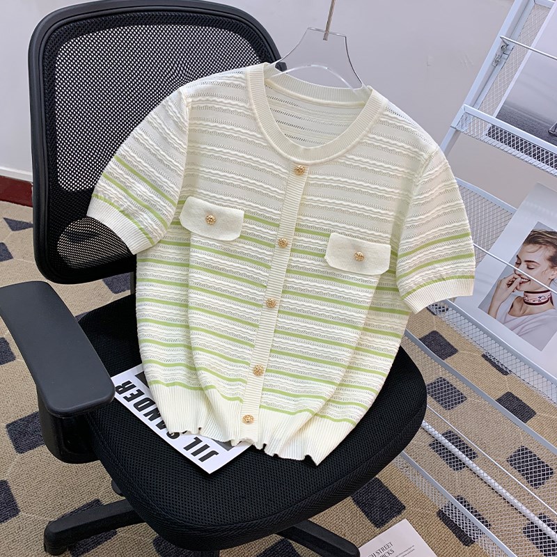 夏季薄款女士条纹针织衫短袖T恤女2025新款高级感时尚洋气上衣