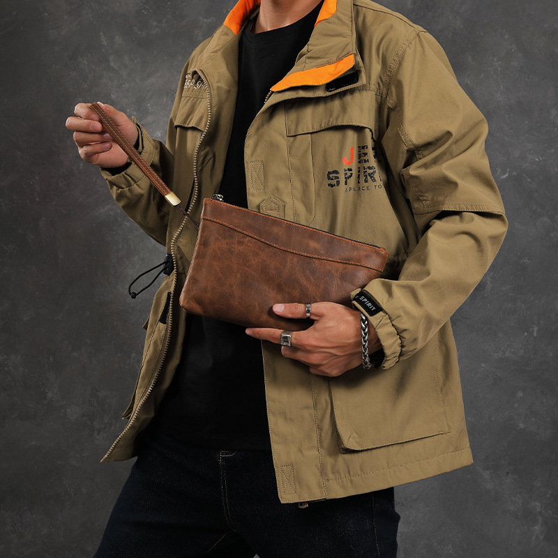 疯马皮复古男士手抓包大容量真皮手拎钱包头层牛皮商务皮夹手包男