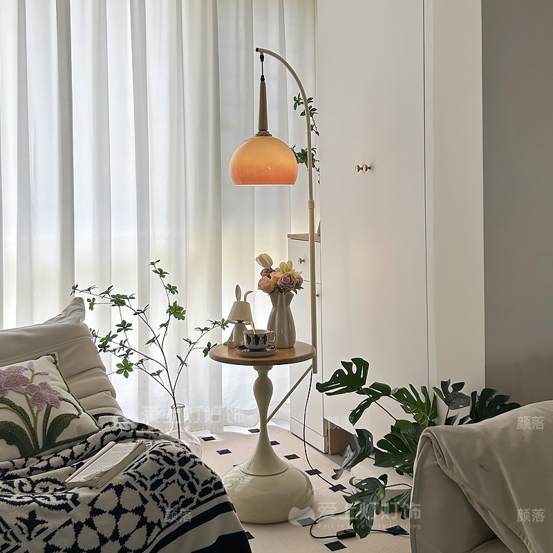 奶油风置物架落地灯一体客厅沙发旁边几卧室床头柜氛围感立式台灯