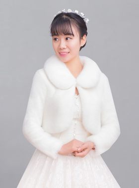 新款冬季毛披肩婚纱礼服红白色新娘结婚伴娘皮草保暖长袖加厚外套