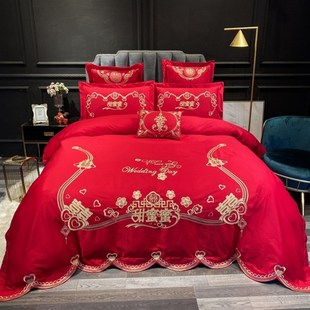 绣花h全棉四件套新婚纯棉床单被套红色结婚房床上用品中 婚庆新款