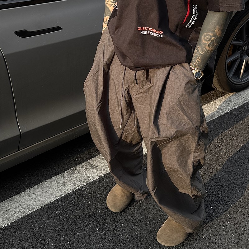 白鹤大大美式复古弯刀褶皱伞兵工装裤男女宽松直筒立体裁剪休闲裤