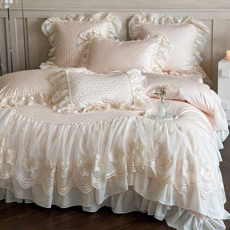 法式粉色少c女心全棉长绒棉四件套公主风纯棉蕾丝花边被套夹棉床,床上用品,床品套件/四件套/多件套,淘宝优惠券,粉丝福利购,淘宝优惠卷
