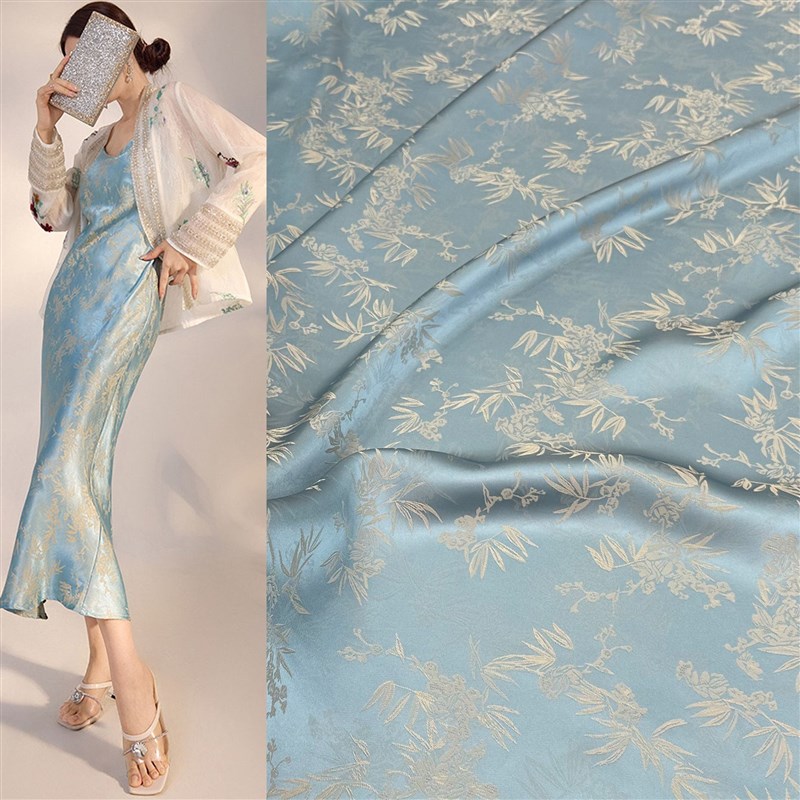 新款人丝涤双色竹叶提花面料 新中式民族风小衫马甲连衣裙布料