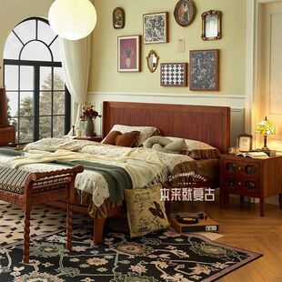 2026复古实木床卧室家用1米8大床中古风主卧床1米5简约双人民宿床