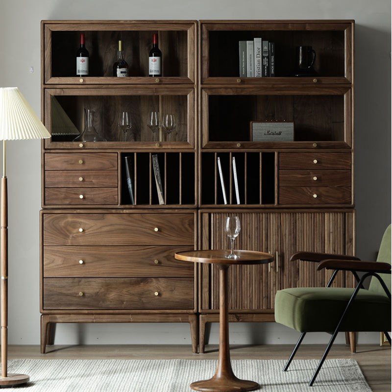 北欧黑胡桃木酒柜展示柜客厅全实木餐边柜玻璃门书柜带灯轻奢置物