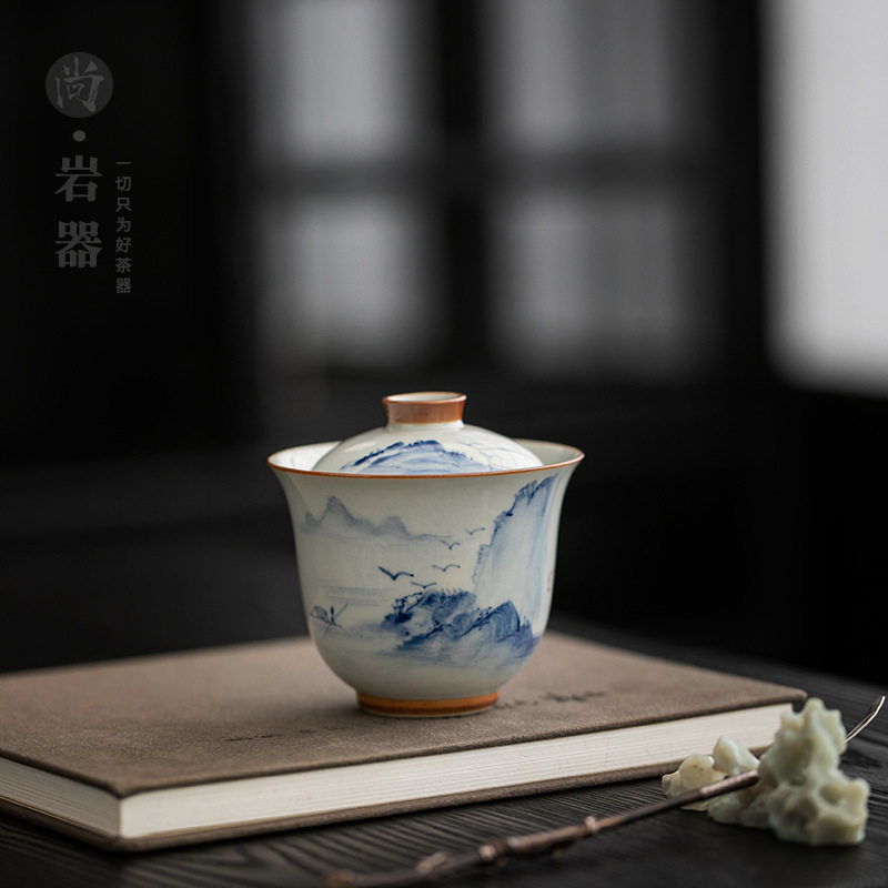 手绘山水盖碗粗陶二才泡茶碗大号带盖单个高档家用陶瓷防烫敬茶碗