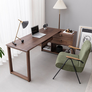北欧黑胡桃木全实木电脑桌简约现代书桌书柜一体转角写字桌办公桌