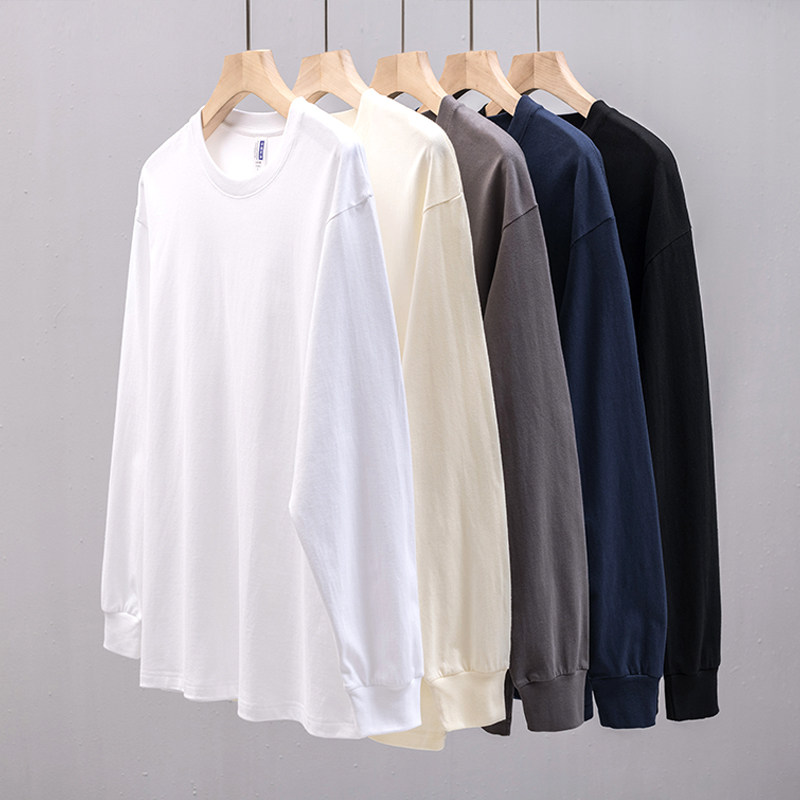 260g重磅纯棉长袖T恤男纯色宽松春秋款卫衣圆领白色内搭打底衫男