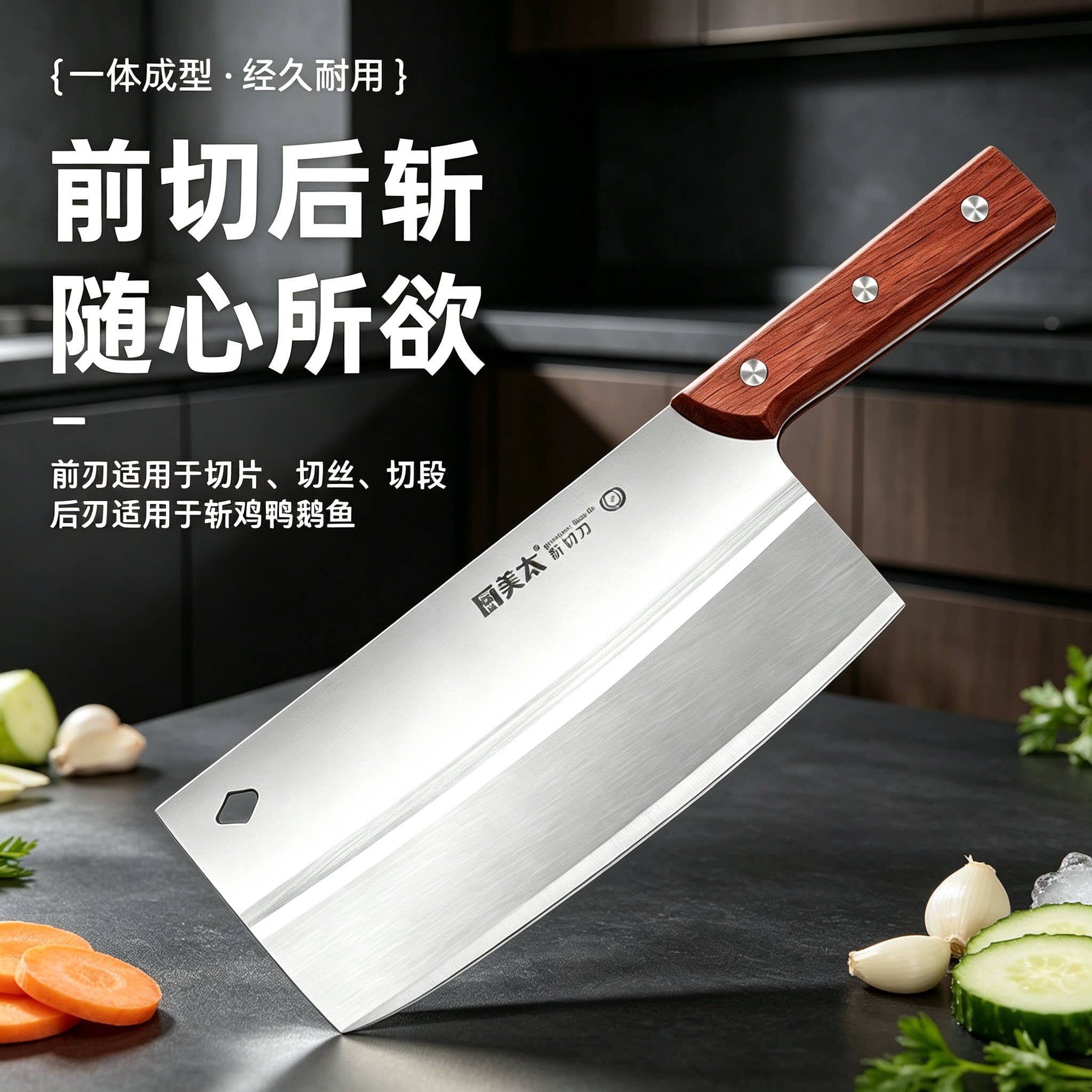 厨美太斩切两用刀实木手柄