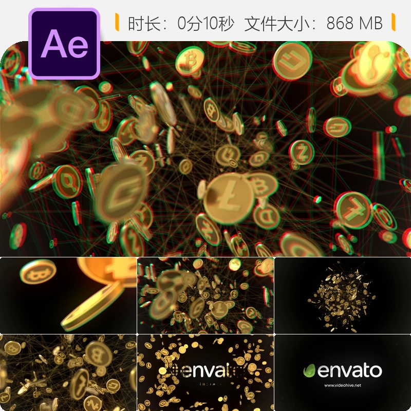 加密货币金色3D比特币金融数据LOGO动画AE模板4K高清视频素材