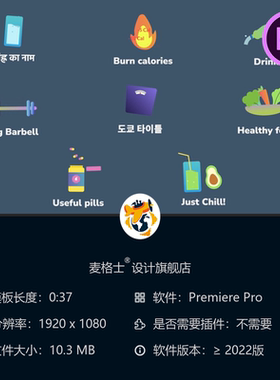 健康生活方式PR模板动画 健身饮食运动2D图标元素合集 绿色有机