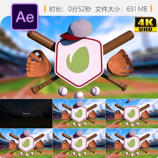 棒球标志动画AE模板体育开场LOGO展示棒球帽手套球棒运动元素