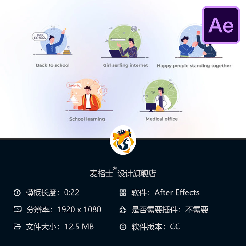教育健康社区发展多元化动画AE模板扁平化概念bodymovin技术应用