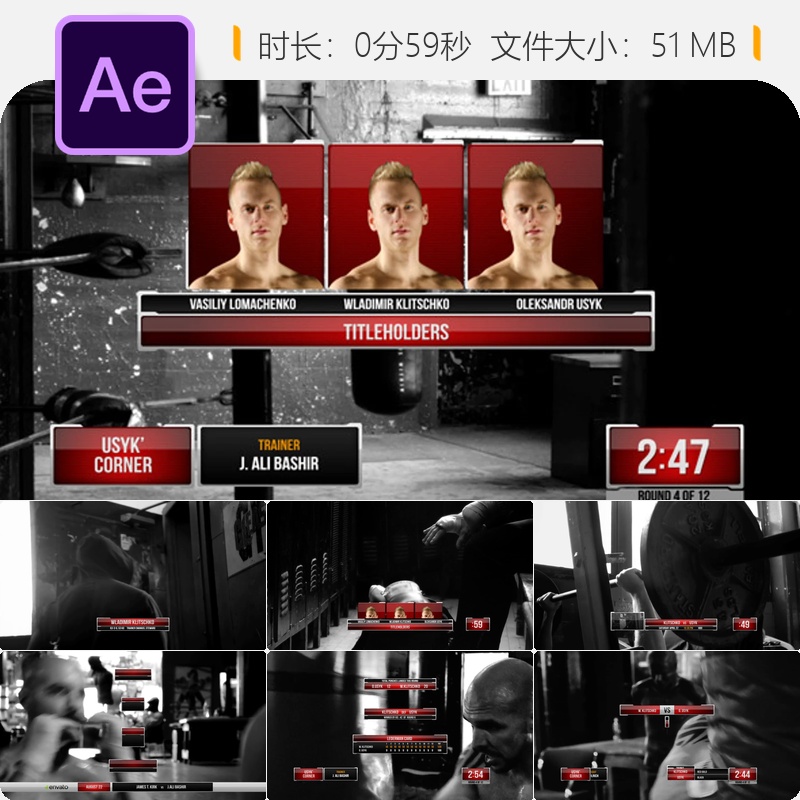 AE模板综合格斗体育赛事转播包装片头UFC拳击元素包4K高清动态