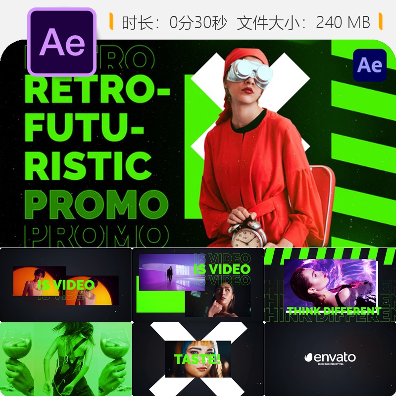 复古未来主义AE模板科幻时尚动感文字片头4K产品宣传视频素材