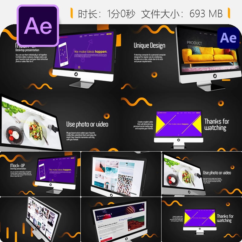 AE模板桌面演示动画高科技信息图表笔记本电脑界面设计4K效果