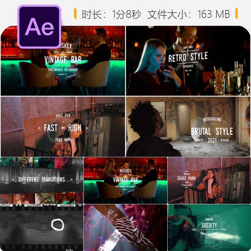 Grunge Vintage AE模板动态幻灯片电影开场转场特效酒吧威士忌