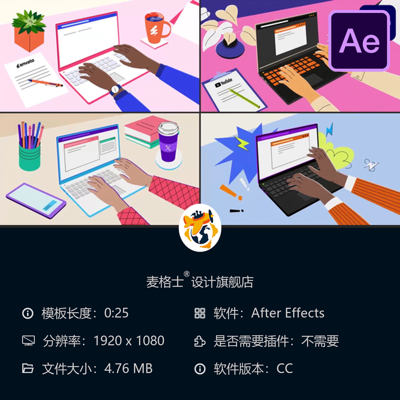 AE模板卡通手绘动画键盘屏幕办公场景彩色二维动画邮件聊天电脑