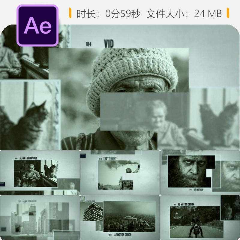 历史照片画廊纪录片风格AE模板怀旧记忆动态图形设计展示效果