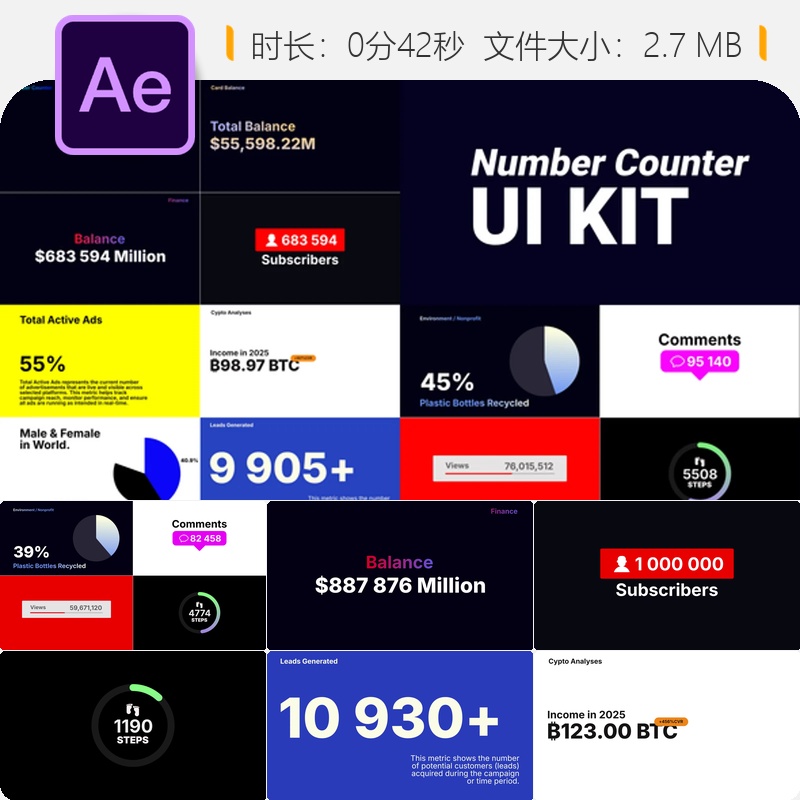 AE模板数字计数器动画金融货币数据可视化效果含透明通道和格式