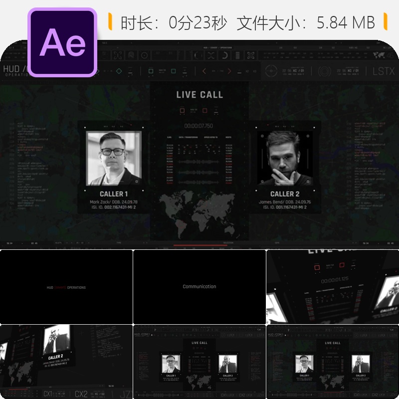HUD秘密行动通讯AE模板政府情报控制室界面元素CIA特工特工任务