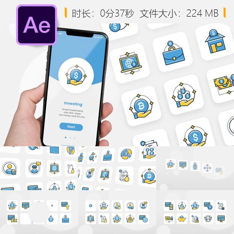 动画投资图标AE模板股票外汇黄金加密货币金融术语4K视频素材