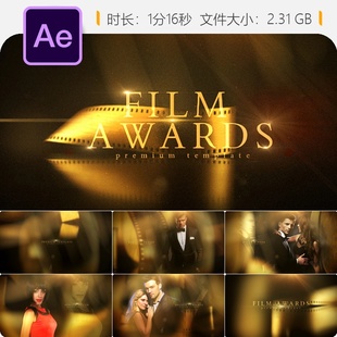奥斯卡颁奖典礼AE模板金色粒子相册片头开场动画4K电影预告片