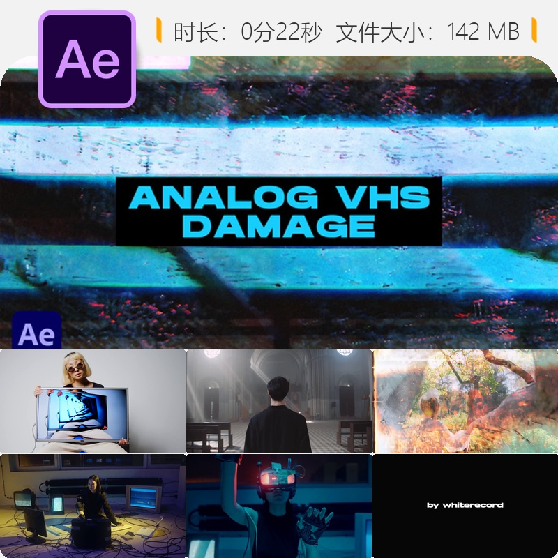 AE模板模拟VHS录像带损坏故障转场效果屏幕像素复古风格素材包