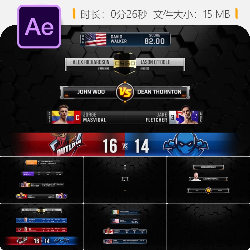 电竞体育赛事直播下三分屏HUD界面CSGO格斗游戏AE模板设计素材
