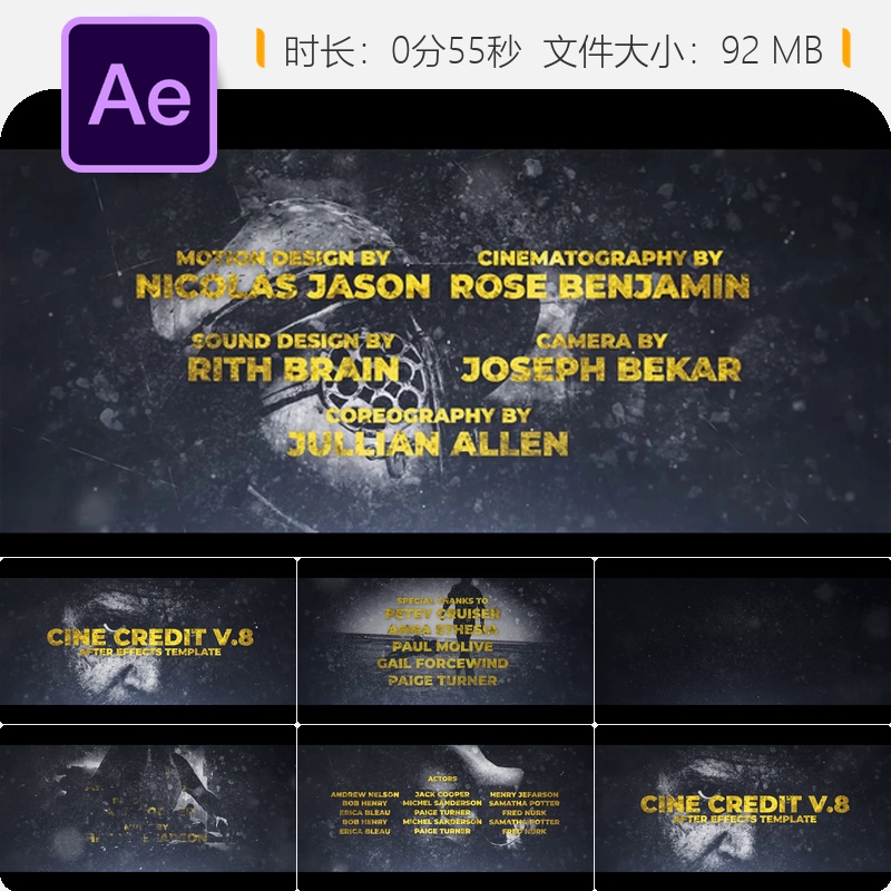 电影片尾AE模板悬疑动作演员表序列片尾字幕4K高清影视片头动画