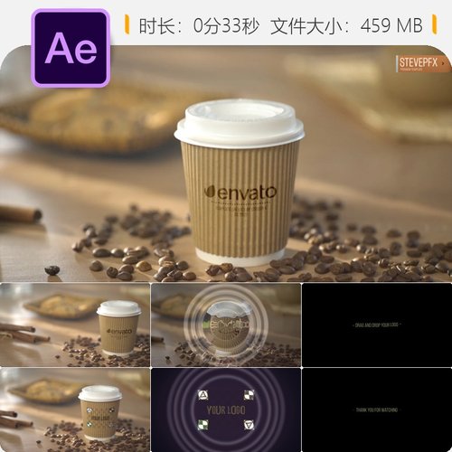 咖啡店LOGO动画AE模板咖啡杯浓缩咖啡师美式拿铁展示开场片头