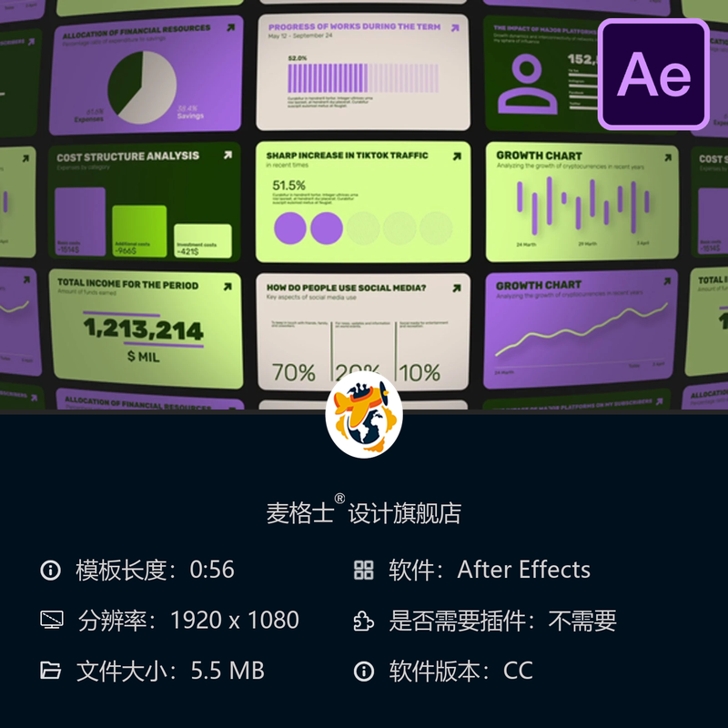 多彩信息图表AE模板创意数据可视化企业财经柱状图设计元素集