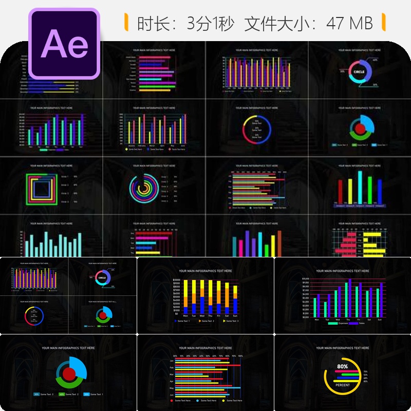 现代信息图表AE模板数据可视化商业统计图表动画设计扁平风格