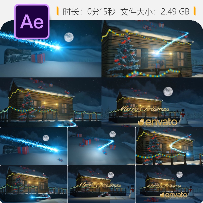 圣诞魔法AE模板3D雪人动画LOGO片头冬日节日气氛雪花飘落场景