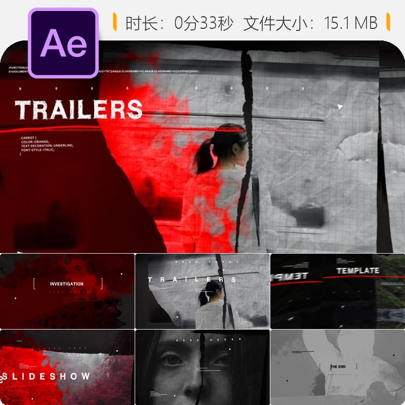 AE模板侦探调查恐怖惊悚开场血迹纸张4K广播宣传片头特效制作