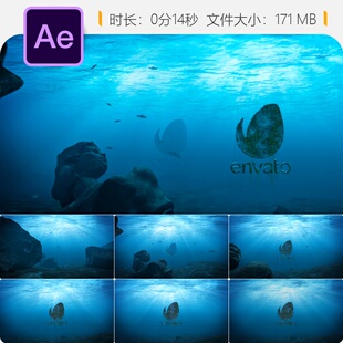 AE模板水下LOGO动画深海古像水波鱼群特效4K海洋宝藏沉船遗迹