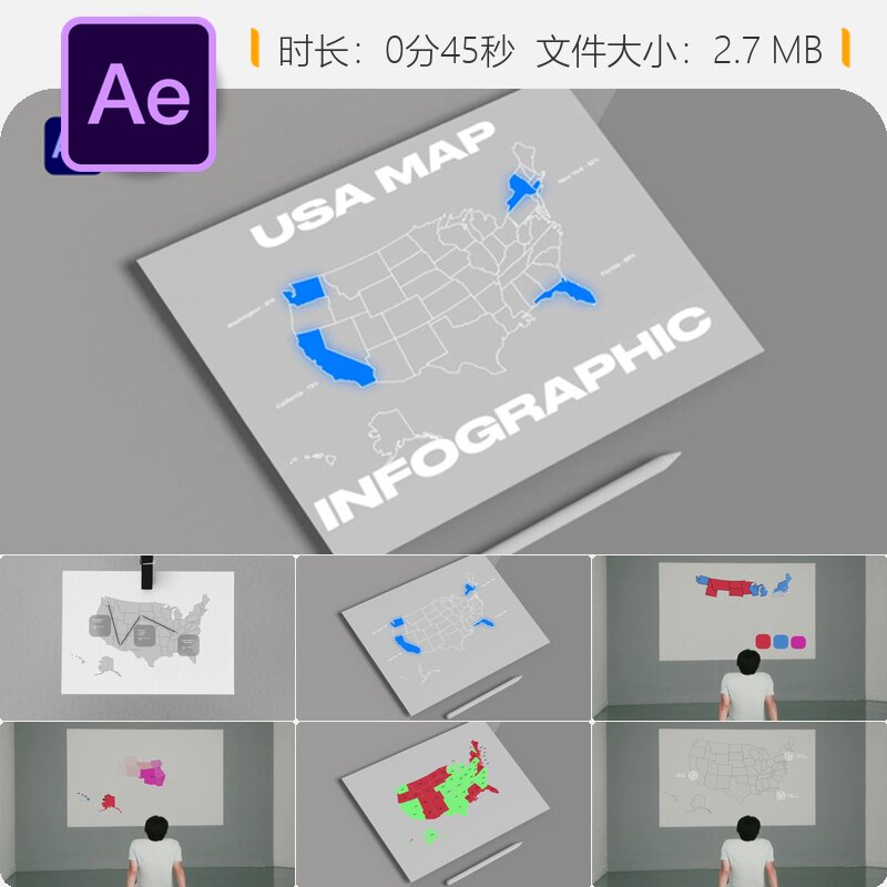 美国地图信息图表动画AE模板国家数据统计与可视化展示效果图